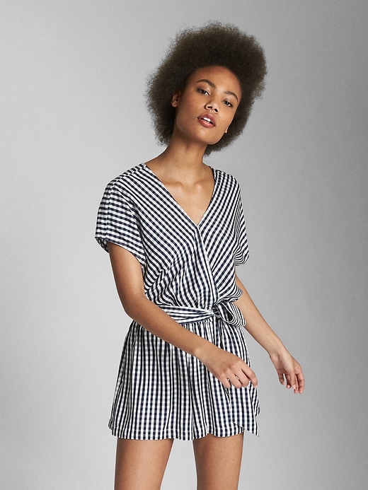 1 of 8 showing, with the color blue gingham of product Short Sleeve Tie-Belt Romper in Modal