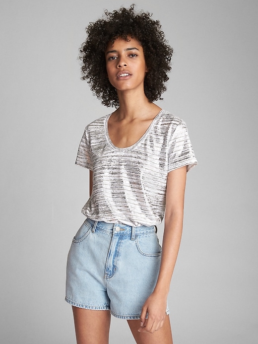 View large product image 1 of 1. Stripe Linen Scoop Neck T-Shirt