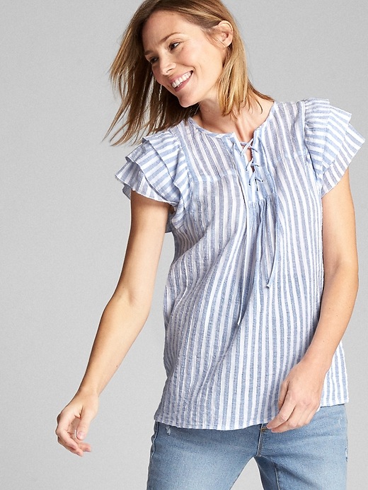 Image number 1 showing, Maternity Short Ruffle Sleeve Lace-Up Shirt