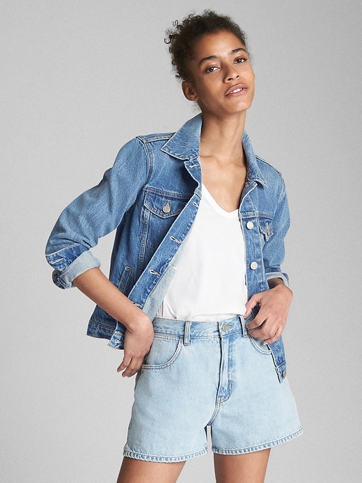 1 of 8 showing, with the color medium wash of product Icon Denim Jacket with Patchwork Detail