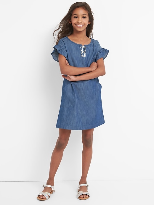 Image number 2 showing, Lace-Up Flutter Chambray Dress