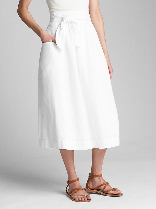 View large product image 1 of 1. Tie-Belt Midi Skirt in Linen-Cotton