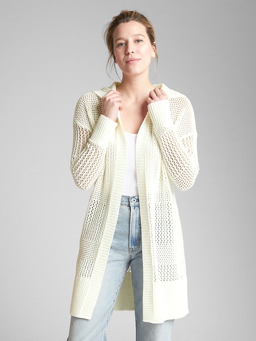 View large product image 1 of 1. Mix-Stripe Hooded Open-Front Cardigan