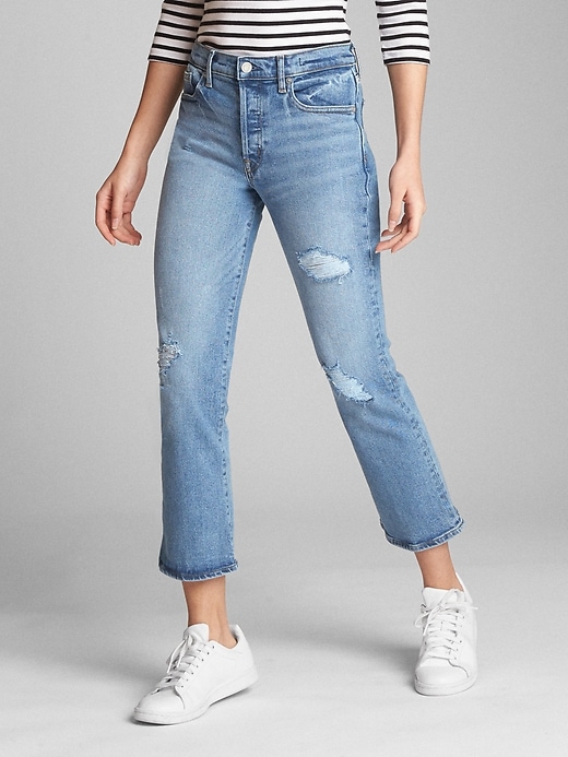 1 of 8 showing, with the color (Light) Light Indigo of product High Rise Crop Kick Jeans with Distressed Detail