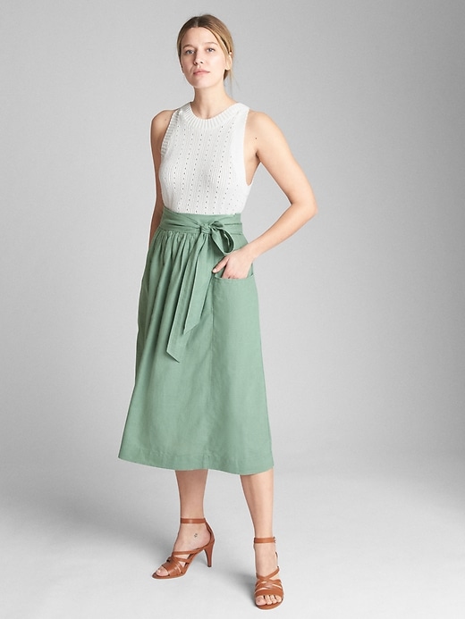 Image number 3 showing, Tie-Belt Midi Skirt in Linen-Cotton