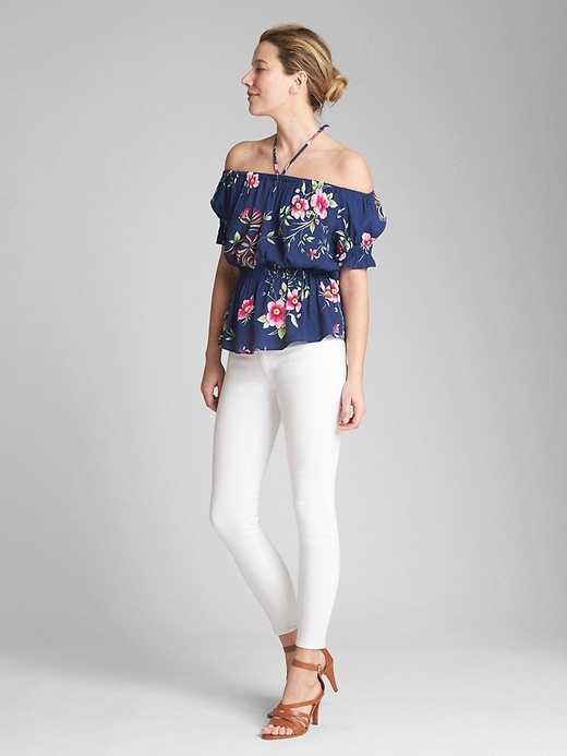 View large product image 1 of 1. Floral Off-Shoulder Tie-Neck Blouse