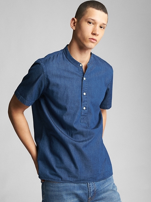 View large product image 1 of 1. Short Sleeve Half-Button Shirt in Chambray