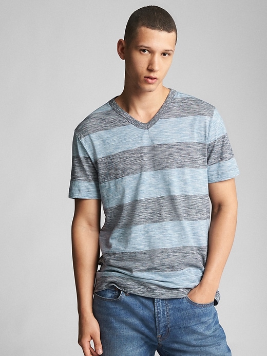 View large product image 1 of 1. Stripe Short Sleeve V-Neck T-Shirt in Slub Cotton