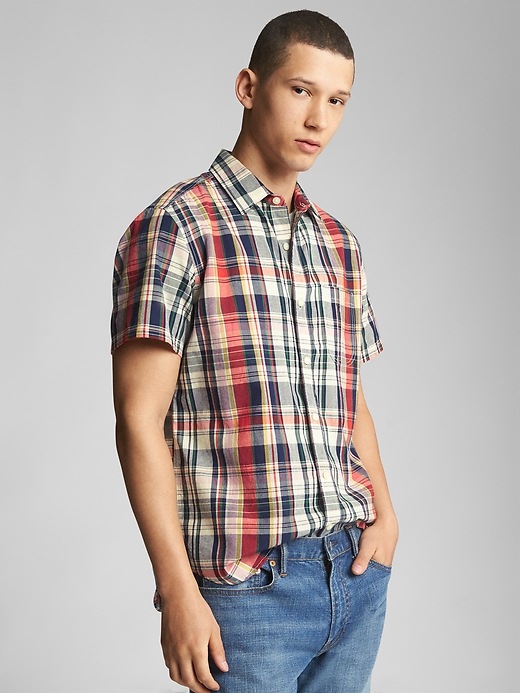 View large product image 1 of 1. Short Sleeve Utility Shirt in Madras Plaid