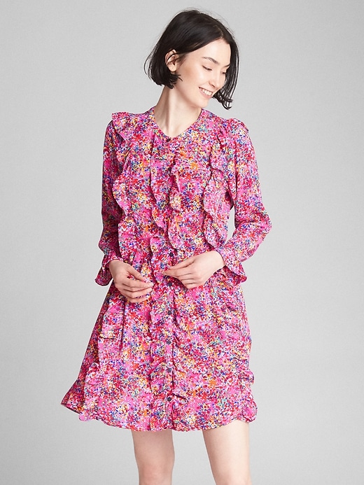 1 of 8 showing, with the color pink floral of product Ruffle Long Sleeve Floral Shirtdress