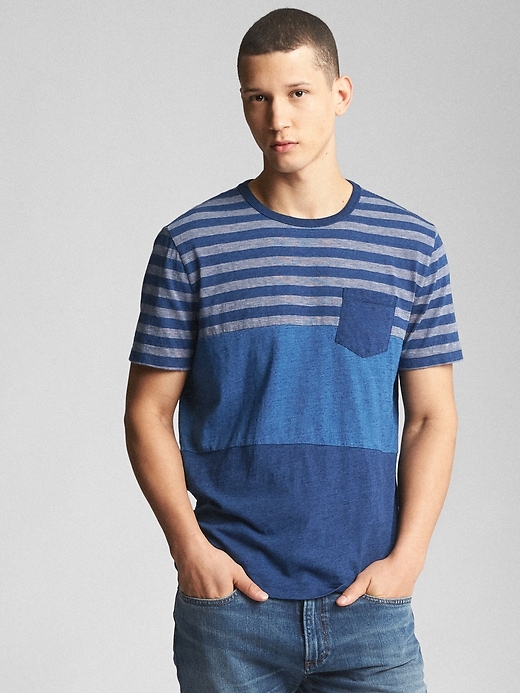 Image number 1 showing, Indigo Mix-Stripe Pocket T-Shirt