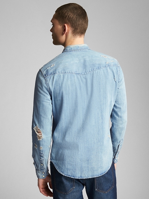 2 of 8 showing, with the color light indigo of product Distressed Denim Western Shirt In Slim Fit