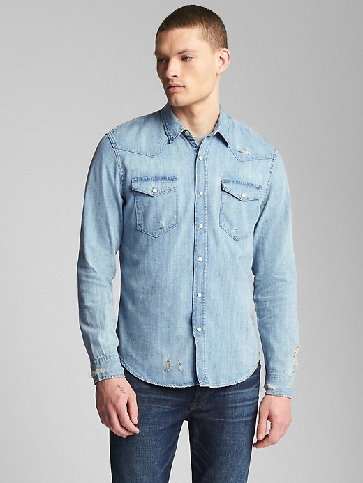 Image number 1 showing, Distressed Denim Western Shirt In Slim Fit