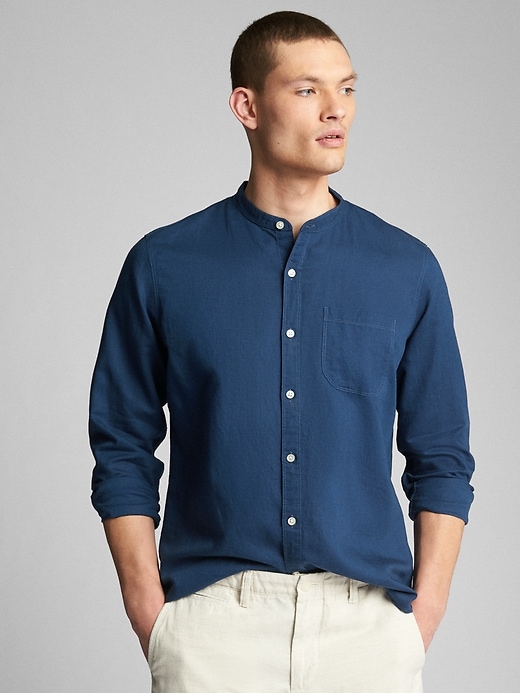 View large product image 1 of 1. Standard Fit Band Collar Shirt in Linen-Cotton