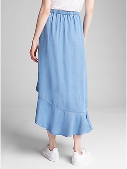 Ruffle midi wrap denim skirt hotsell