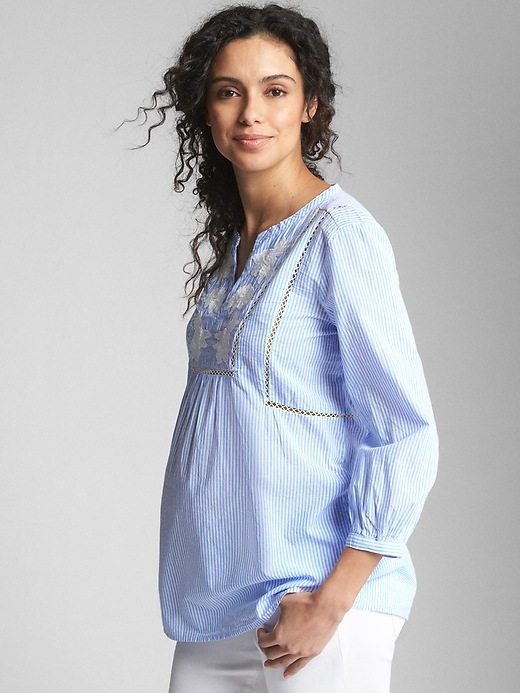 View large product image 1 of 1. Maternity Embroidered Split-Neck Top