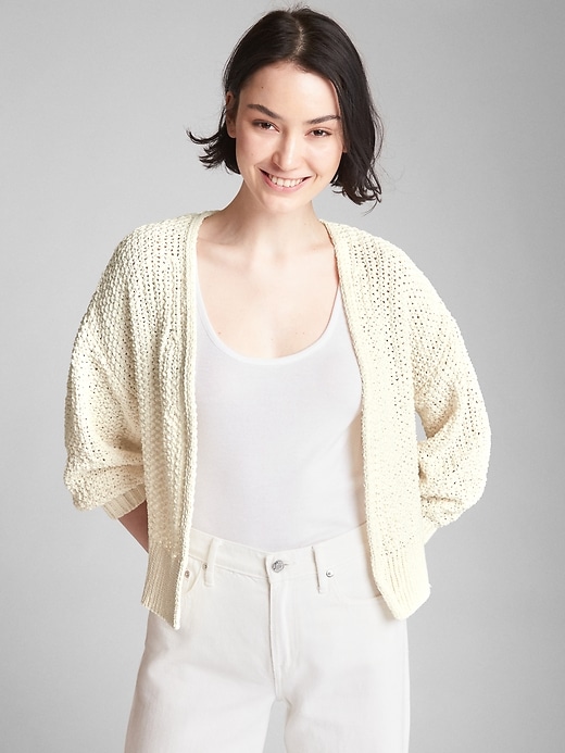 View large product image 1 of 1. Open-Front Balloon Sleeve Cardigan Sweater