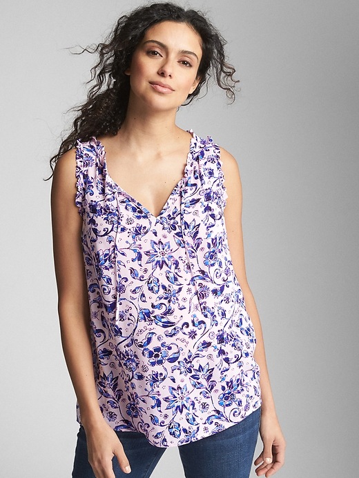 View large product image 1 of 1. Maternity Sleeveless Print Tie-Neck Top