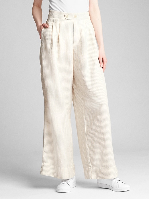 Image number 1 showing, High Rise Wide-Leg Stripe Chinos in Linen-Cotton