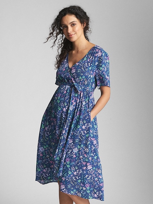 Image number 1 showing, Maternity Floral Short Sleeve Wrap Dress