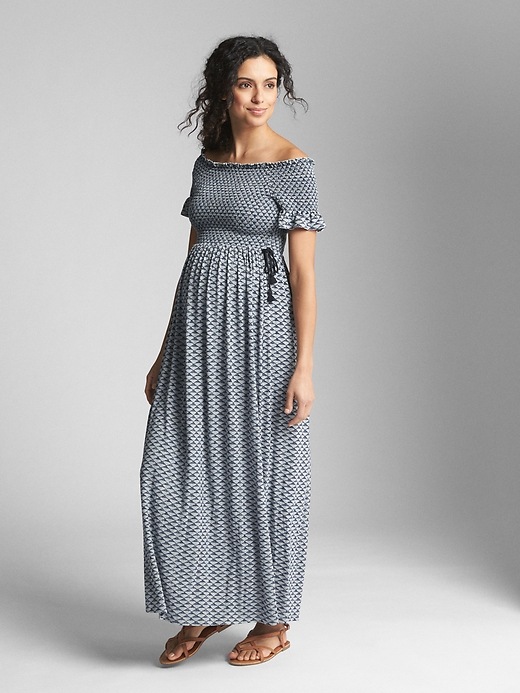 View large product image 1 of 1. Maternity Smocked Off-Shoulder Maxi Dress