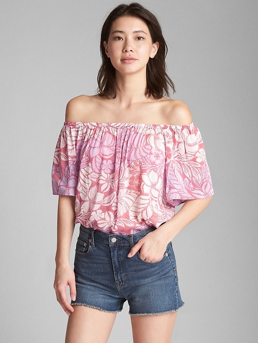 1 of 8 showing, with the color pink floral of product Flounce Print Off-Shoulder Top