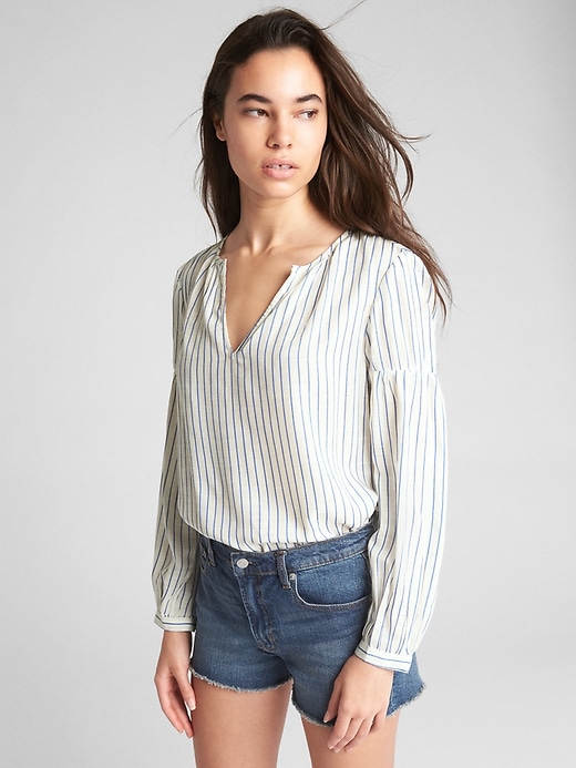 View large product image 1 of 1. Long Sleeve Stripe Split-Neck Blouse