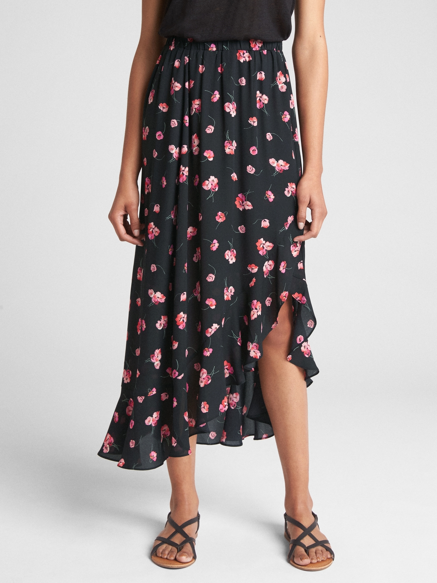 Floral Ruffle Wrap Midi Skirt Gap