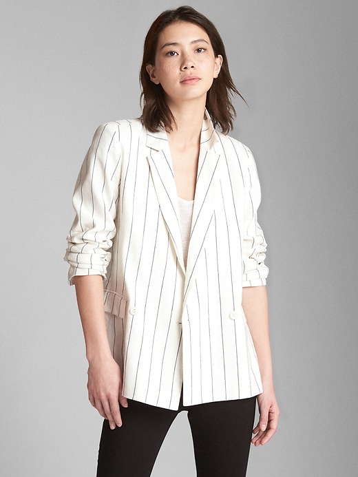 1 of 8 showing, with the color navy stripe of product Classic Stripe Girlfriend Blazer in Linen