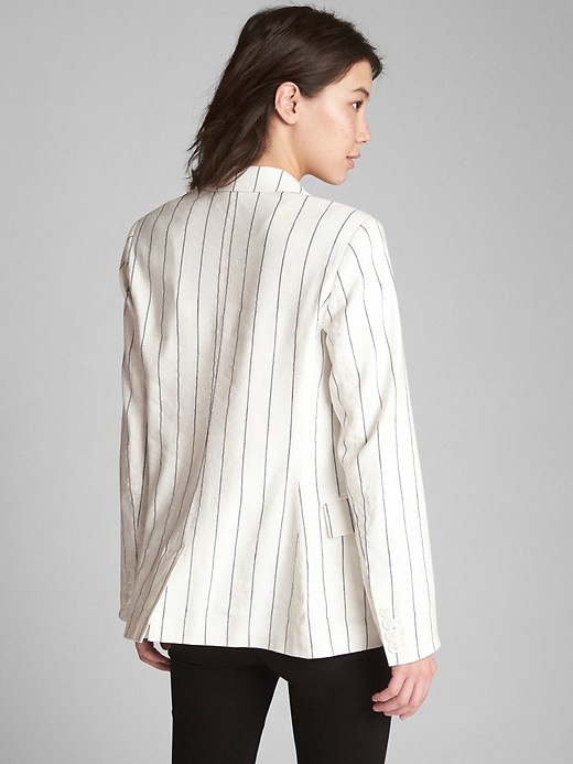 2 of 8 showing, with the color navy stripe of product Classic Stripe Girlfriend Blazer in Linen