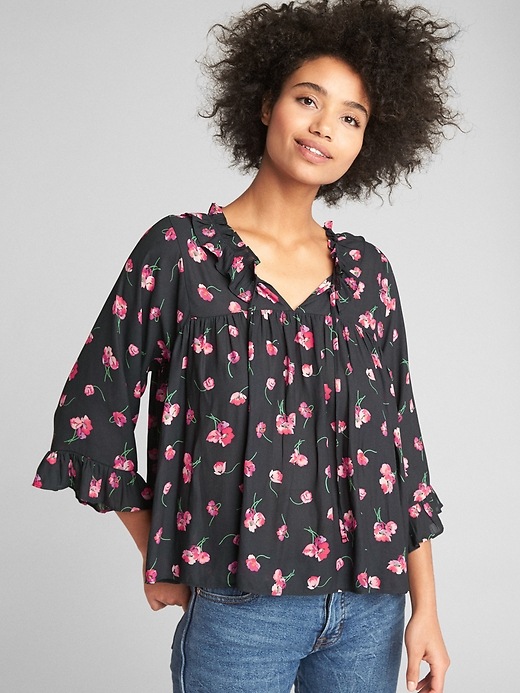 Image number 1 showing, Floral Print Tie-Neck Ruffle Blouse