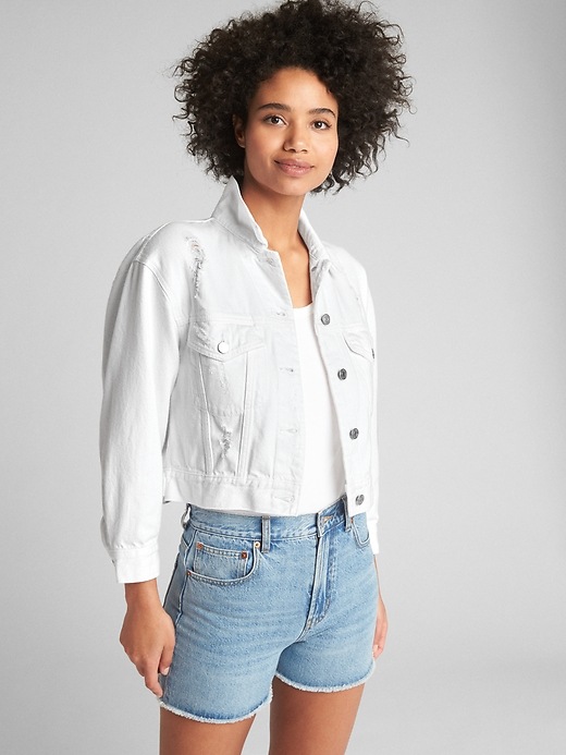 Image number 1 showing, Crop Icon Denim Jacket with Distressed Detail