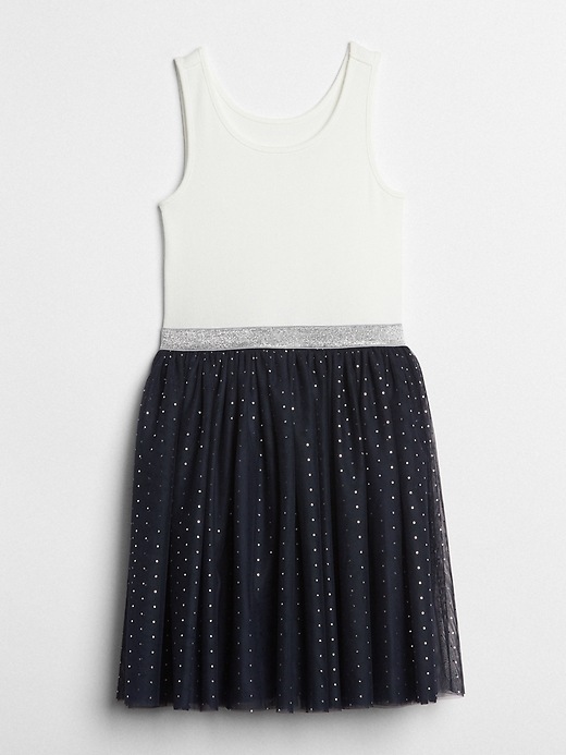 1 of 8 showing, with the color blue galaxy of product Dot Tulle Mix-Fabric Dress