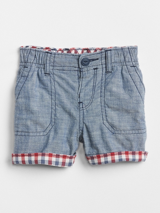 1 of 8 showing, with the color denim of product Plaid Roll-Cuff Shorts