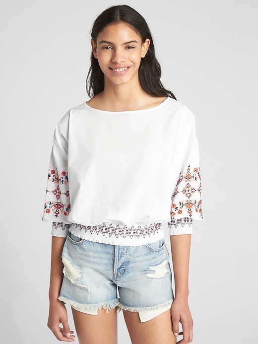 Image number 1 showing, Smocked Embroidered Balloon Sleeve Blouse