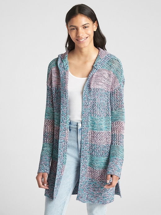 View large product image 1 of 1. Mix-Stripe Hooded Open-Front Cardigan