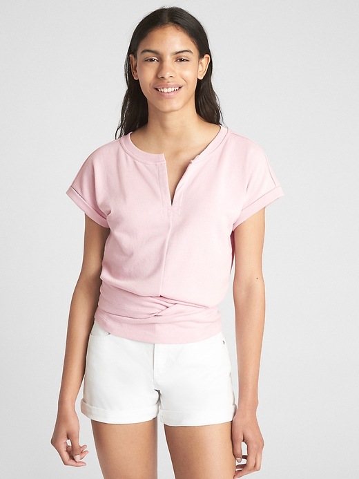Image number 8 showing, Short Sleeve Split-Neck Wrap Top in French Terry