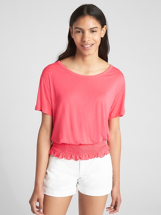 View large product image 1 of 1. Short Sleeve Smocked Hem Top