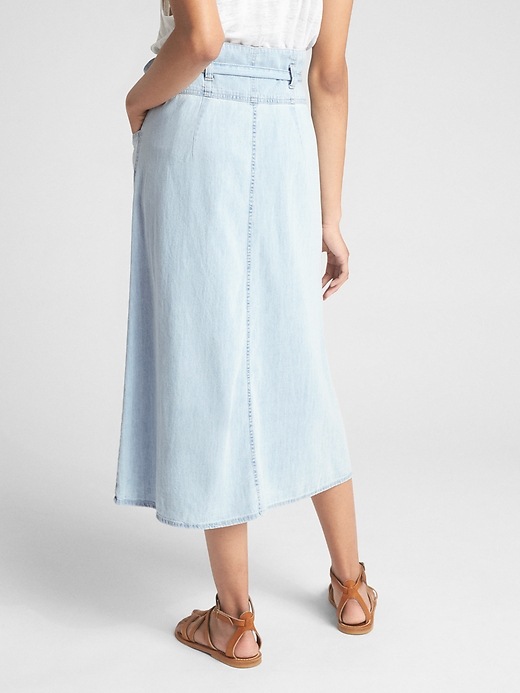 2 of 8 showing, with the color light indigo of product Denim Paper-Bag Waist Midi Skirt