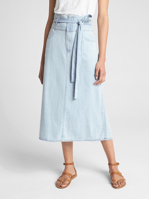 1 of 8 showing, with the color light indigo of product Denim Paper-Bag Waist Midi Skirt
