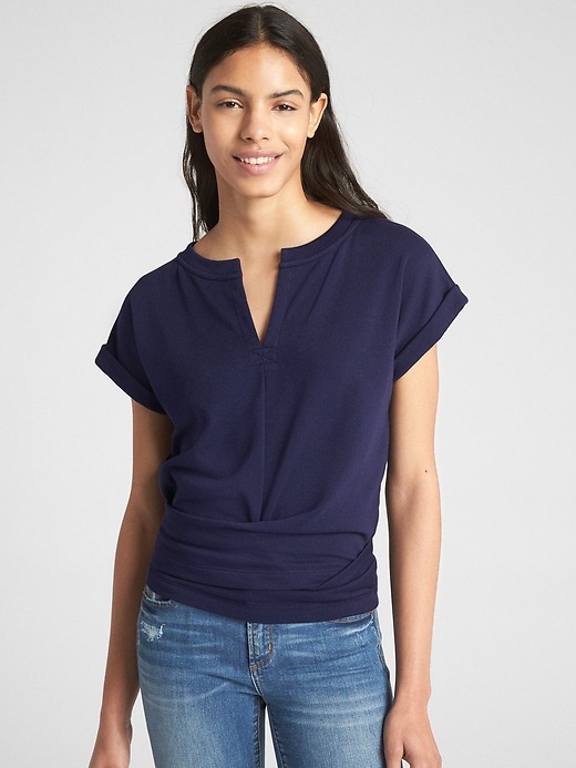 Image number 1 showing, Short Sleeve Split-Neck Wrap Top in French Terry