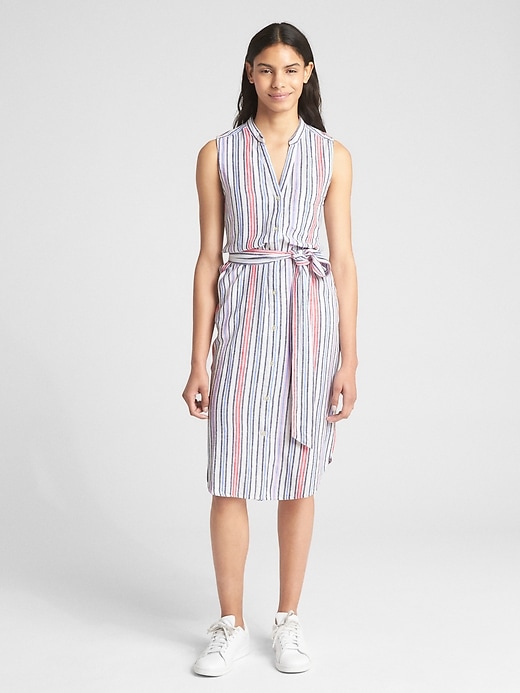 View large product image 1 of 1. Sleeveless Stripe Midi Shirtdress in Linen