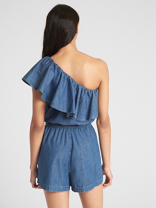 2 of 8 showing, with the color medium indigo of product Ruffle One-Shoulder Romper in Denim