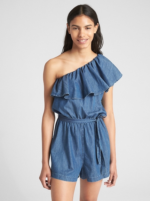 Image number 1 showing, Ruffle One-Shoulder Romper in Denim