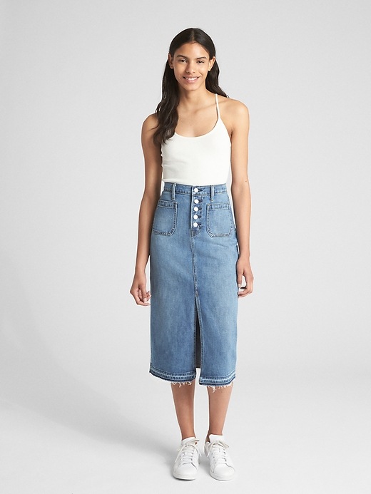 Image number 3 showing, High Rise Denim Midi Pencil Skirt with Distressed Detail