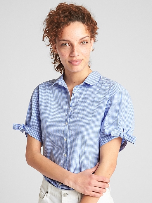 Image number 1 showing, Short Tie-Sleeve Gingham Shirt in Poplin