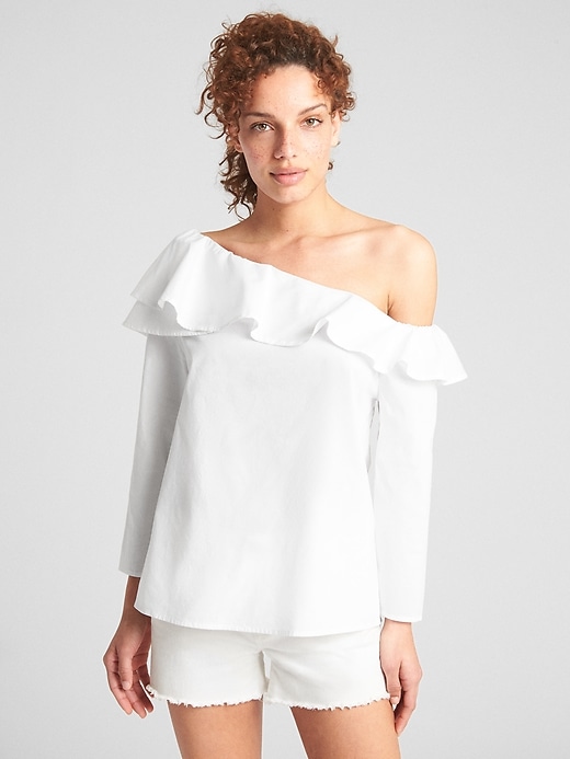 Image number 1 showing, Ruffle One-Shoulder Blouse in Poplin