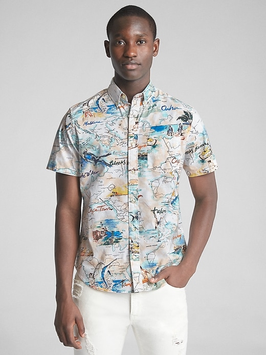 Image number 1 showing, Print Poplin Short Sleeve Shirt in Stretch