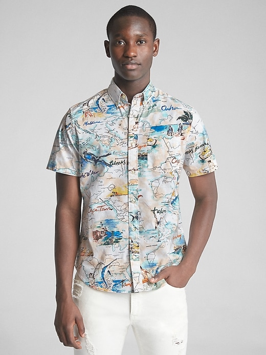 1 of 8 showing, with the color white print of product Print Poplin Short Sleeve Shirt in Stretch
