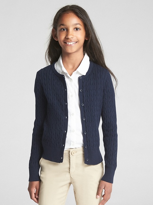 2 of 8 showing, with the color true indigo of product Uniform Cable-Knit Cardigan Sweater
